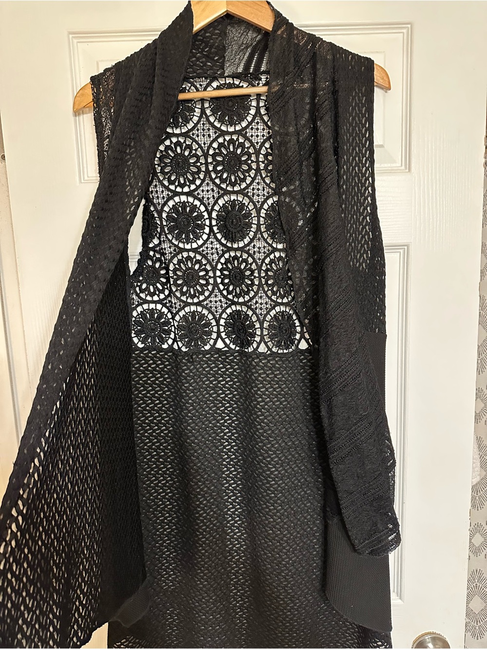 Women’s Black Floral Lace Long Sleeveless Cardigan Duster Boho Whimsigoth